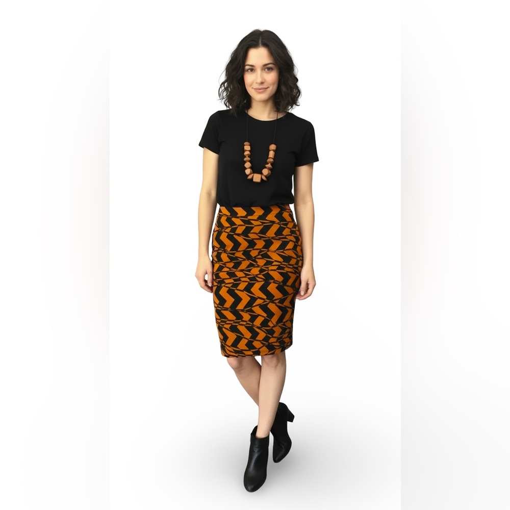 LuLaRoe Orange and Black African Style Print Geometric Pencil Skirt